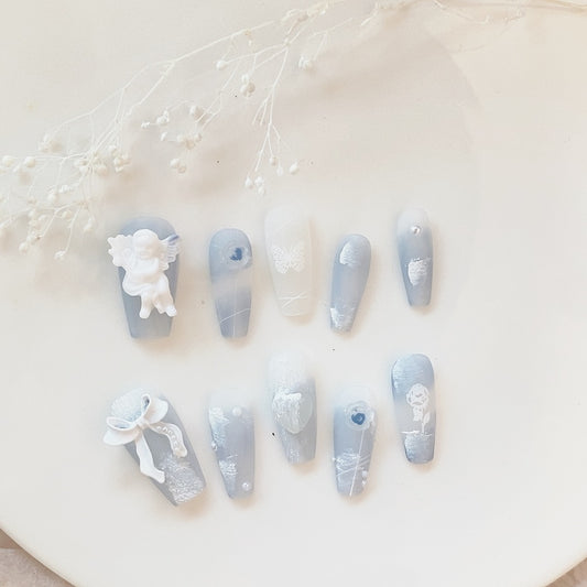 Celestial Lace – Angelic Blue Press-On Nails
