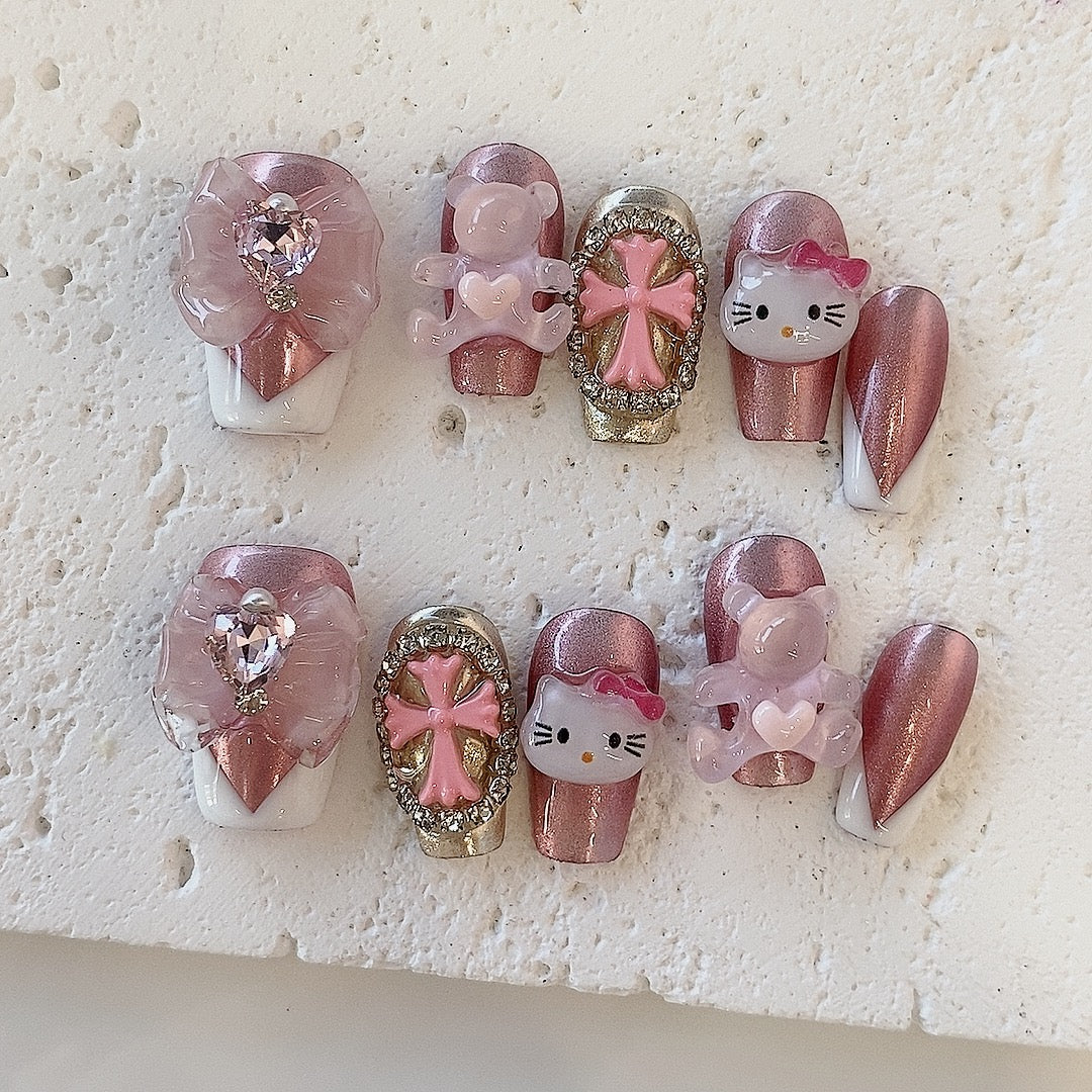 Kitty Charm – Kawaii Press-On Nails with 3D Embellishments