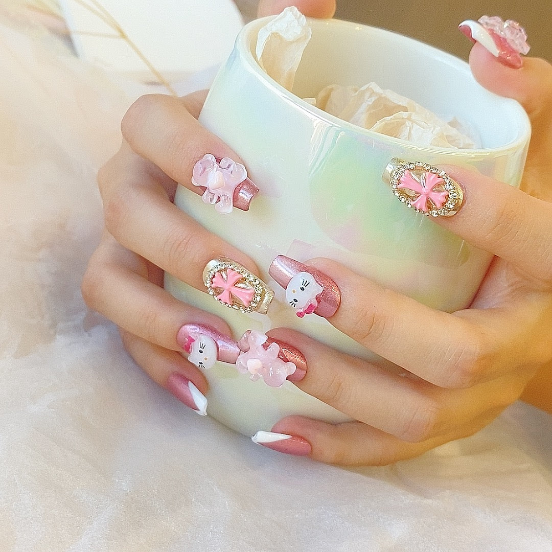 Kitty Charm – Kawaii Press-On Nails with 3D Embellishments