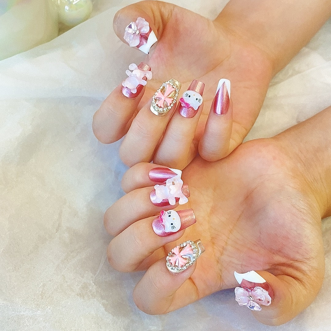Kitty Charm – Kawaii Press-On Nails with 3D Embellishments